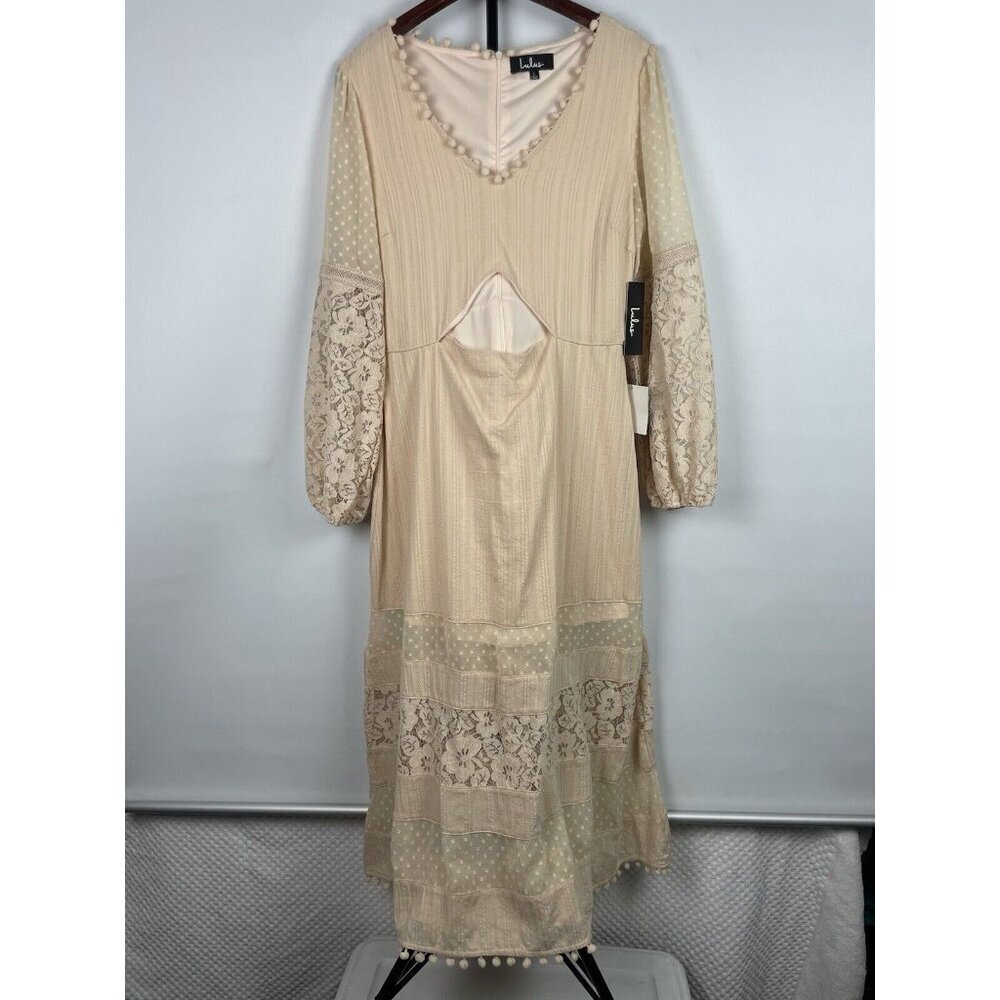 Lulus Modern Menagerie Blush Lace Cutout Long Sleeve Midi Cottagecore Dress Sz L - Picture 2 of 13